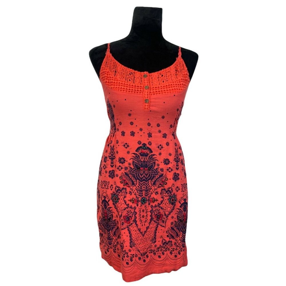 Free People Boho Coral Benji Floral Printed Beaded Crochet Mini Dress Si…